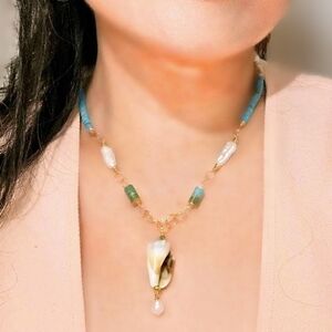 Santorini Inspired Blue Imperial Jasper & Pearls In Artisan Handcrafted Necklace